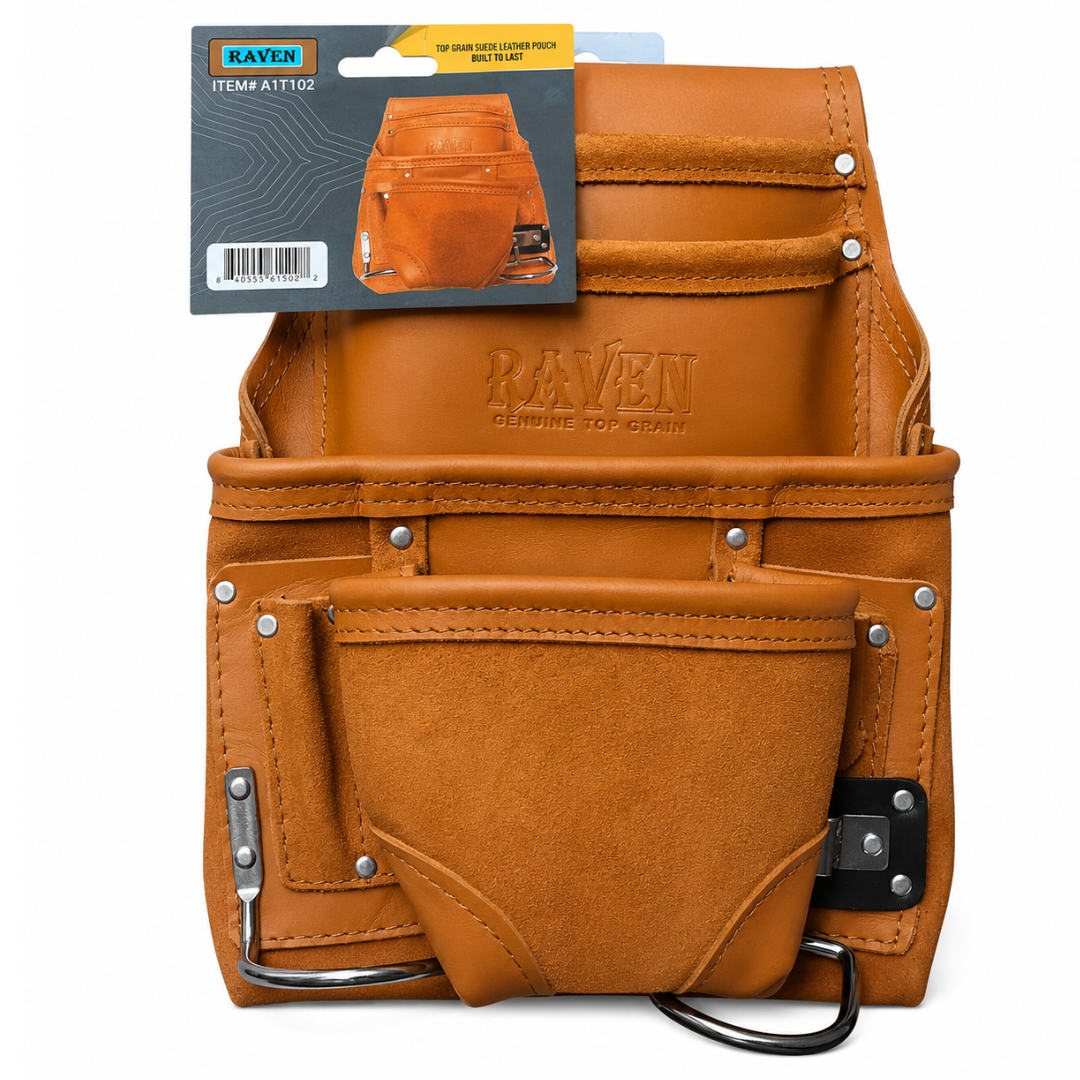 Leather Tool Pouch for Belt, 10 Pocket Tool Organizer with 2 Metal Hammer Holders, Heavy Duty Belt-Worn Construction Pouch for Carpenters, Electricians, Contractors & DIY Work