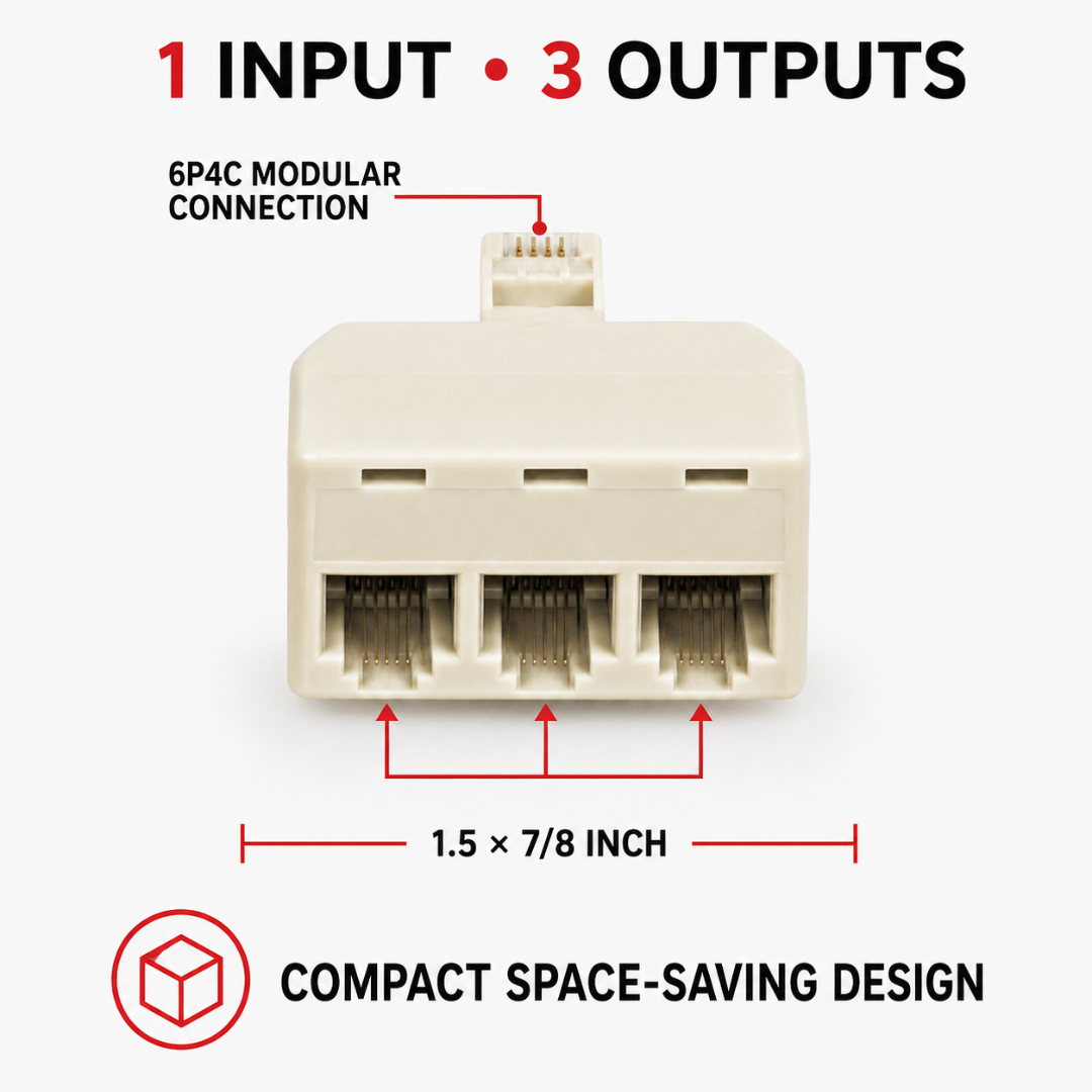 3-Port Modular Telephone Line Splitter Adapter – Single Jack to Triple Jack Connector for Phones, Fax Machines and Credit Card Terminals, 1.5 x 7/8 Inch