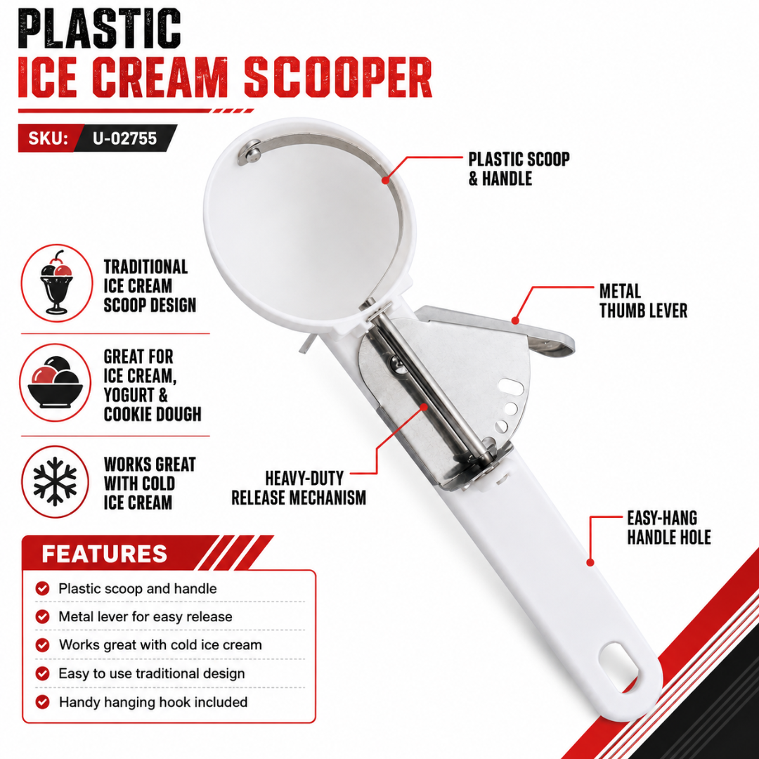 Plastic Ice Cream Scooper with Metal Thumb Lever, Traditional Release Scoop with White Plastic Handle, Easy-Release Ice Cream, Yogurt & Cookie Dough Scoop – U-02755
