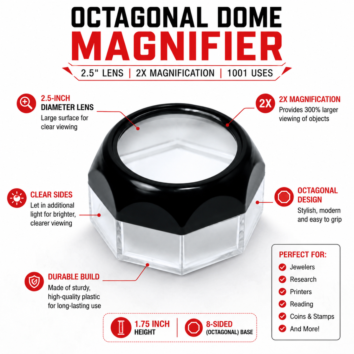 Octagonal Dome Magnifier Loupe 2X Power, 2.5 Inch Glass Lens Desk Magnifier for Reading, Coins, Stamps, Jewelry, Research & Small Print Viewing - MG-93659