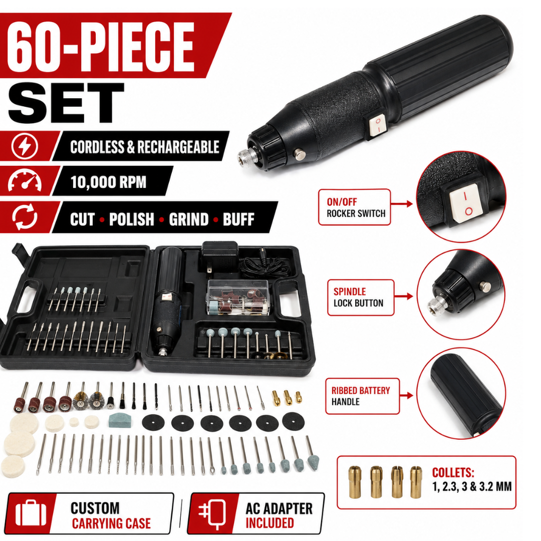 60-Piece Cordless Rechargeable Rotary Tool Kit, 10,000 RPM High-Speed Craft Tool with 4 Collets, Cutting, Polishing, Grinding and Engraving Accessories, AC Adapter and Carrying Case