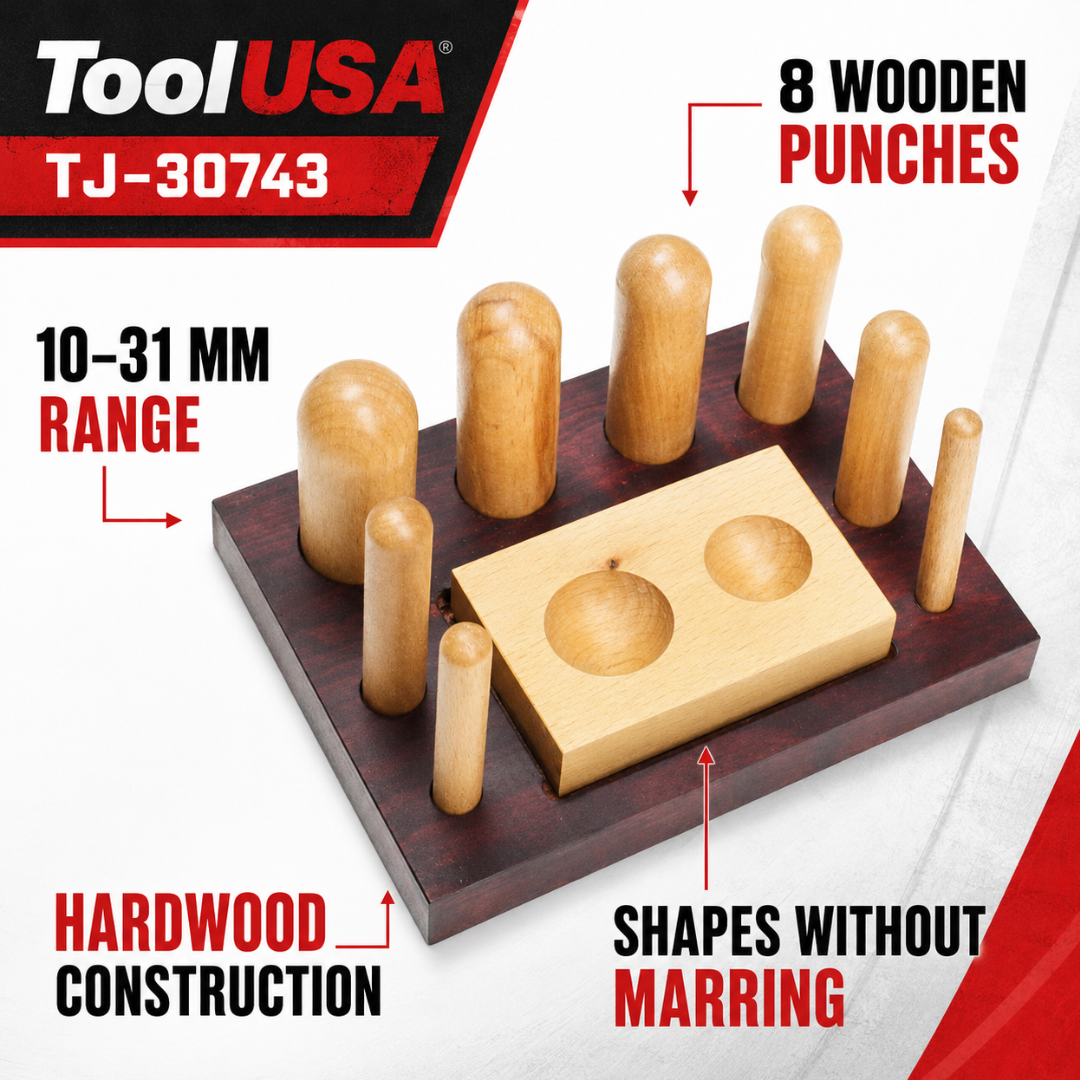 Wood Dapping Block Set with 8 Domed Punches and Size-Marked Stand, 10–31mm Jewelry Metal Forming and Shaping Tool for Jewelers, Metalsmiths and Crafts