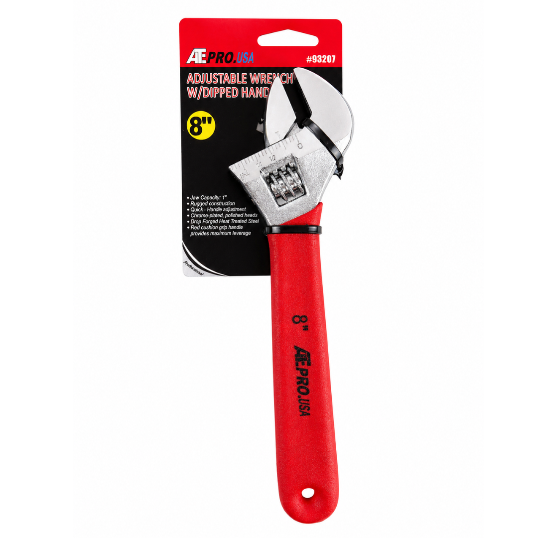 8" Adjustable Wrench with Red Rubberized Grip, 7/8" Jaw Capacity, SAE Jaw Guide, Precision Adjustable Spanner Tool