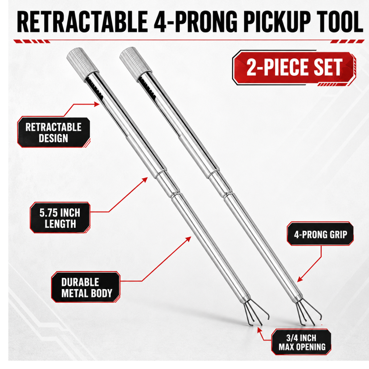 Retractable 4-Prong Pickup Tool, 5.75-Inch Metal Claw Grabber for Small Parts, Screws, Beads, Jewelry and Watch Repair, 3/4-Inch Maximum Opening, Pack of 2