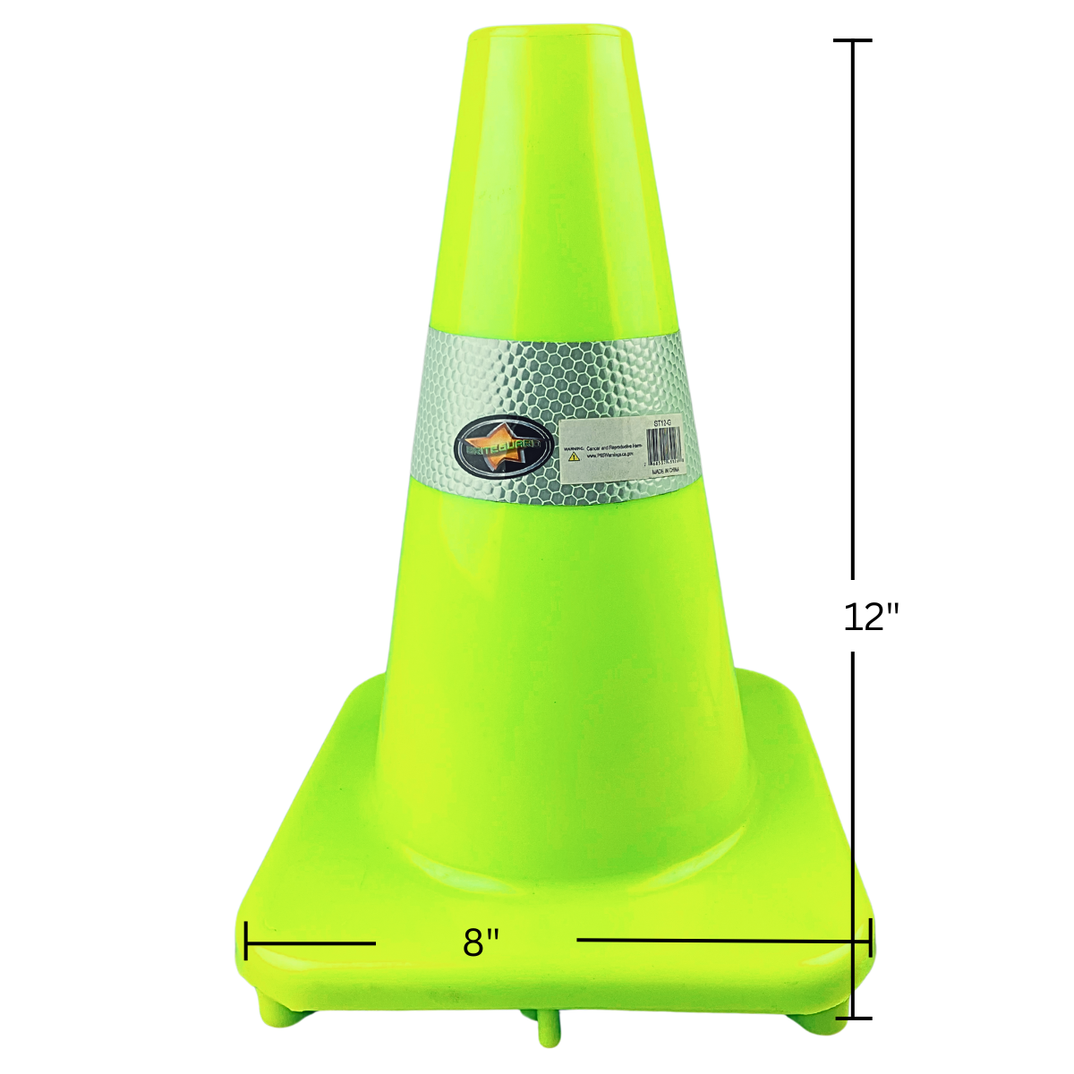 12 Inch Neon Green Safety Cone With  2 Inch White Fluorescent Strip  - ST12-G
