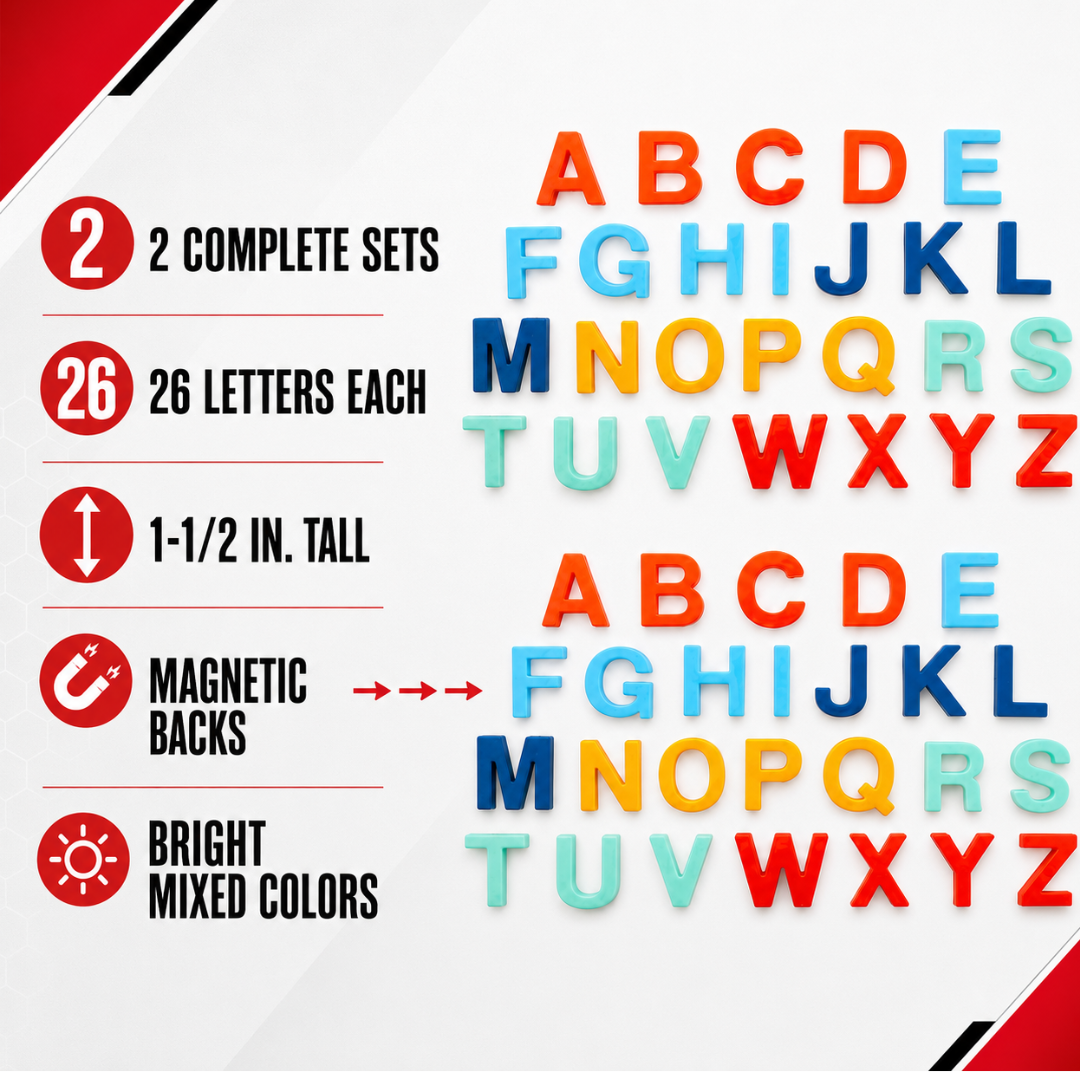52-Piece Magnetic Alphabet Letters, 2 Complete A–Z Sets, 1-1/2 Inch Colorful ABC Magnets for Refrigerator, Magnetic Board, Early Learning, Spelling and Classroom Activities