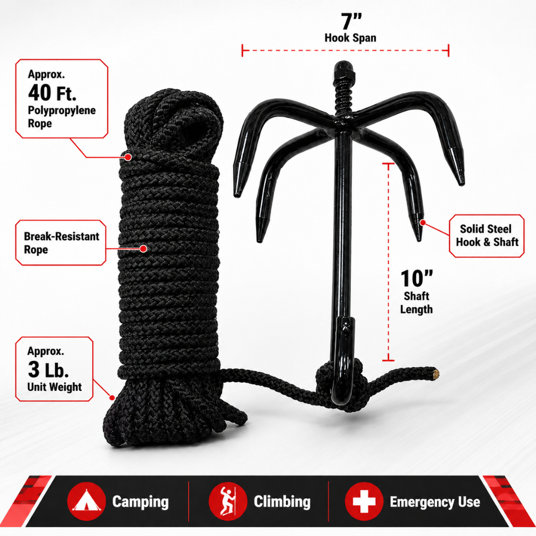 Grappling/Climbing Hook with 40 Ft Polypropylene Rope, 10 Inch Steel Shaft, 7 Inch Hooks – Heavy-Duty Utility Hook for Retrieval, Outdoor, Camping & General Purpose Use – TA-14906