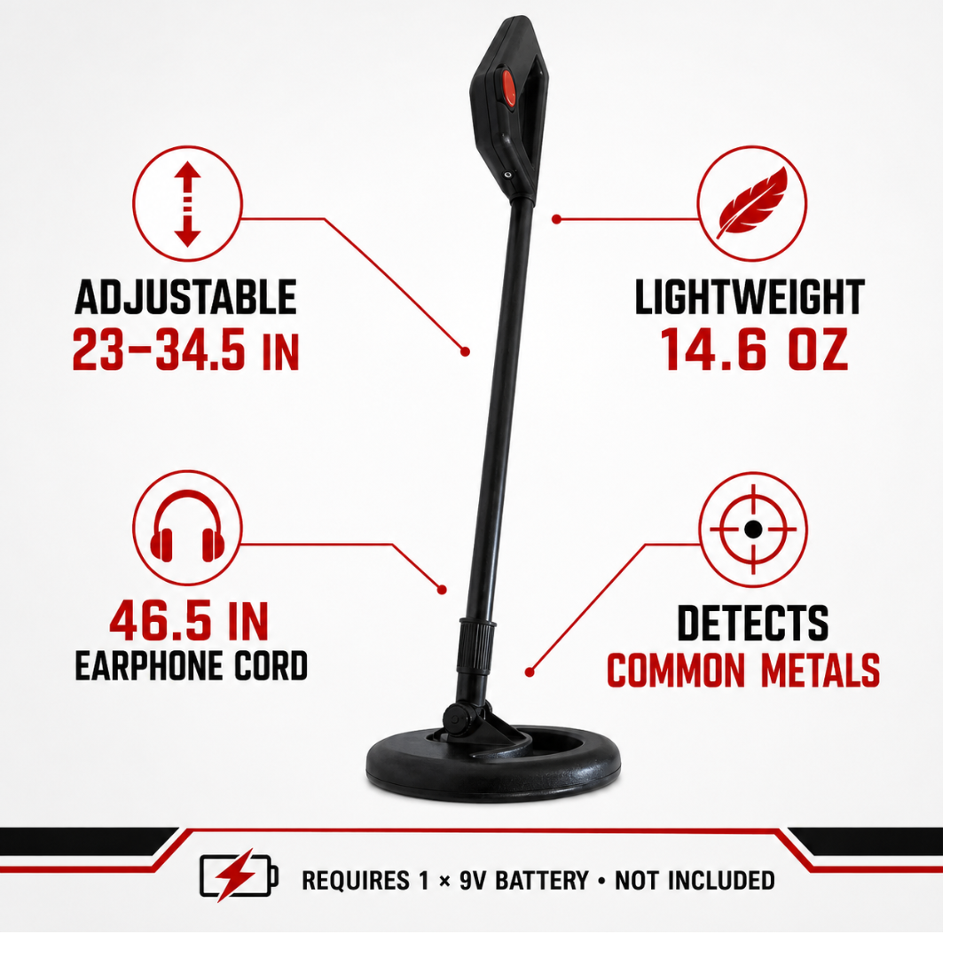 Lightweight Handheld Metal Detector with Adjustable 23–34.5 Inch Shaft and Wired Earphone – Portable Detector for Coins, Jewelry, Beach, Park and Outdoor Searching – TM-2802