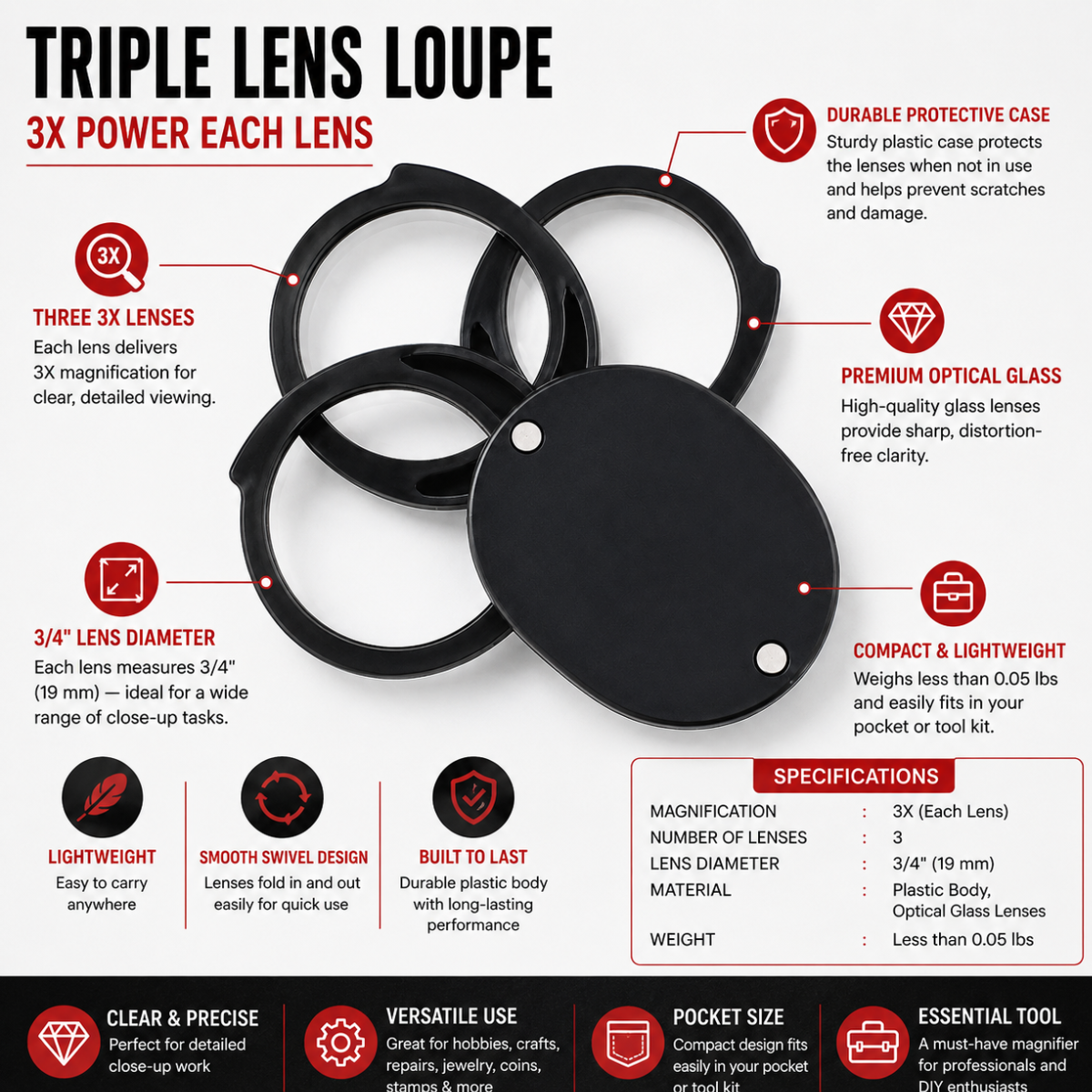 Triple Lens Pocket Loupe Magnifier, 3X Each Lens, 6X/9X Combined Magnification, 3/4" Folding Swivel Lenses with Protective Black Case, Pack of 2