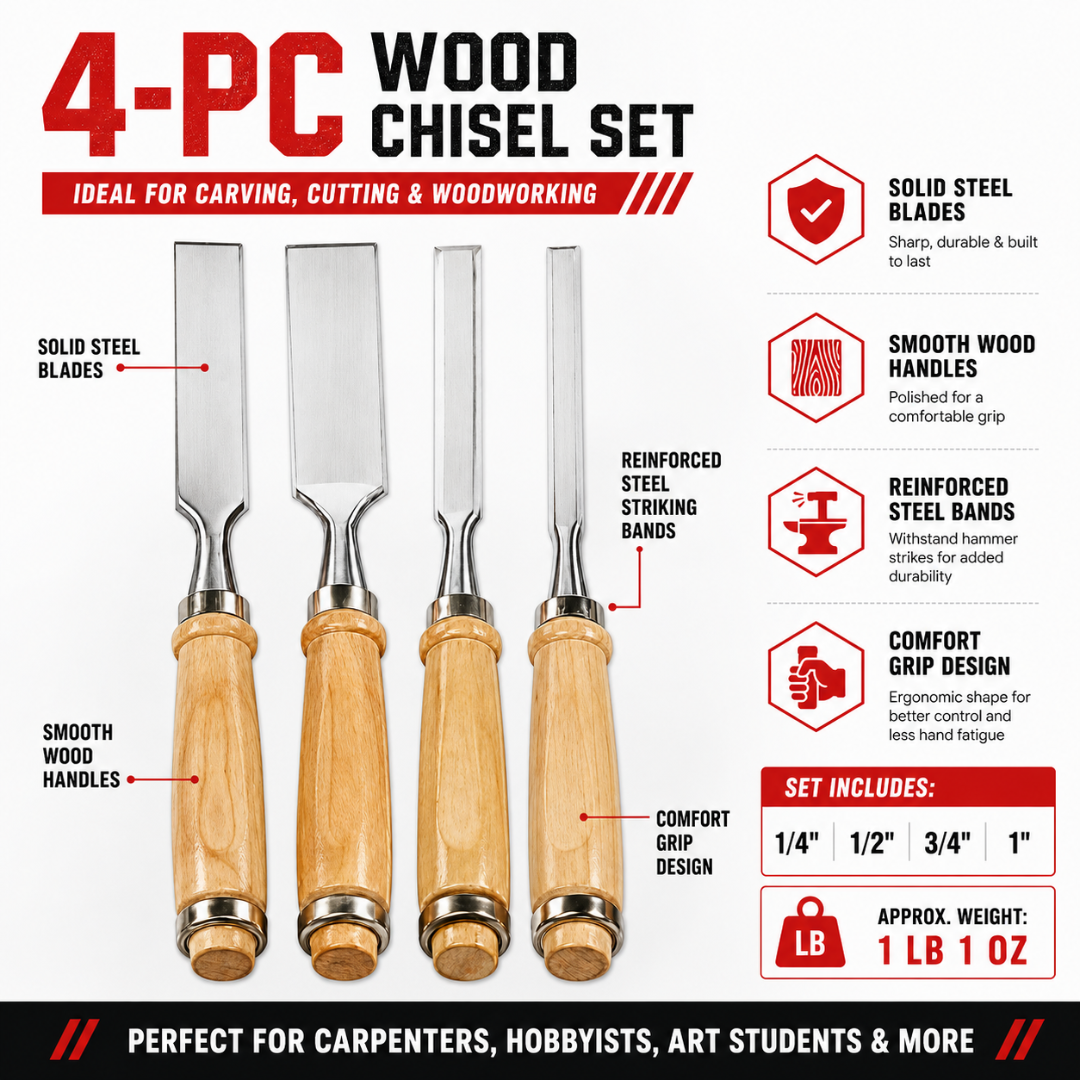 WEDGE 9 Inch 4 Piece Wood Chisel Set with Wooden Handles – Steel Blade Chisels for Woodworking, Carving, Hobby, Student and Light-Duty Use, TZ02-17440