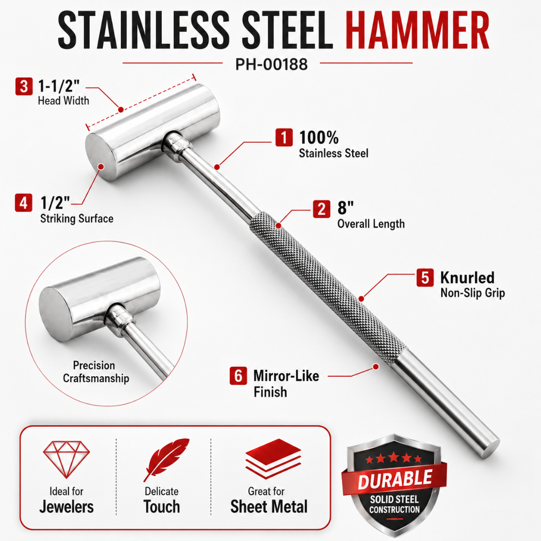 Stainless Steel Jeweler’s Hammer, 8 Inch Metal Craft Hammer with 1/2 Inch Flat Striking Surface, Knurled Non-Slip Handle, Mirror Finish Tool for Jewelry Making, Sheet Metal & Delicate Metal Work - PH-00188