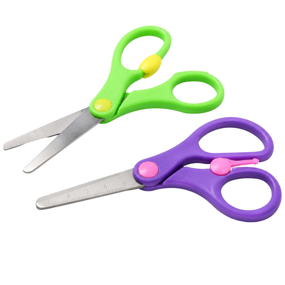 Semi-Automatic School Scissors 2-Piece Sets, Pack of 2 Sets, 4 Total Scissors, 5.5 Inch Spring Action Kids Scissors with Rounded Safety Tips, Bright Colors, Side Ruler, Classroom Desk Backpack Supplies