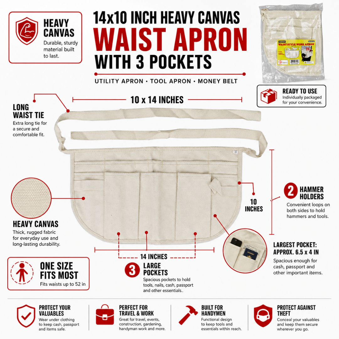 14" x 10" Heavy Canvas Waist Apron with 3 Pockets, Dual Hammer Holders, Long Tie Belt, White Utility Work Apron for Tools, Nails, Cash & Travel Valuables