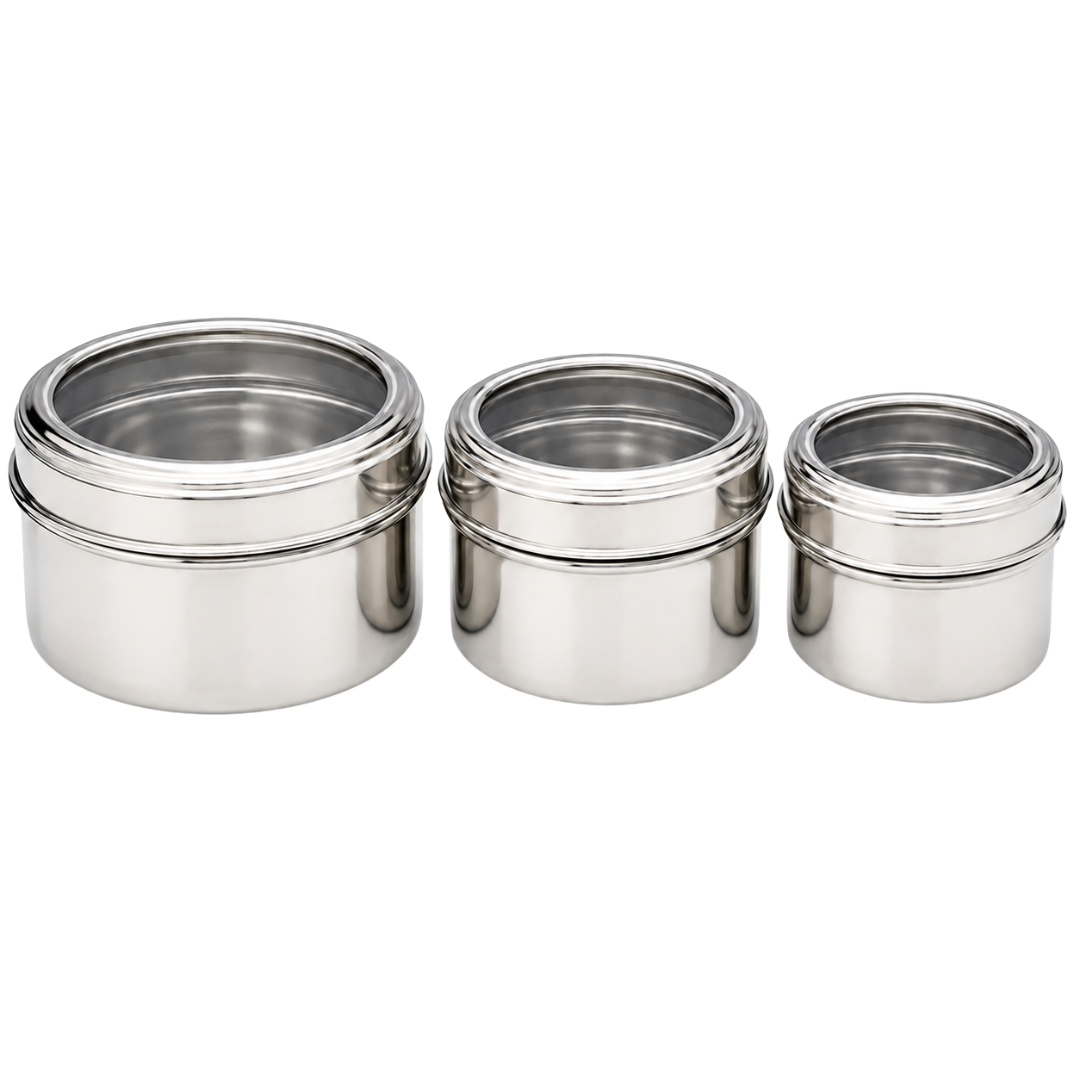 3 Piece Stainless Steel Canister Set with Clear View Lids, Nesting Food Storage Containers for Coffee, Tea, Sugar, Candy & Snacks, 3 Graduated Sizes – U-88010