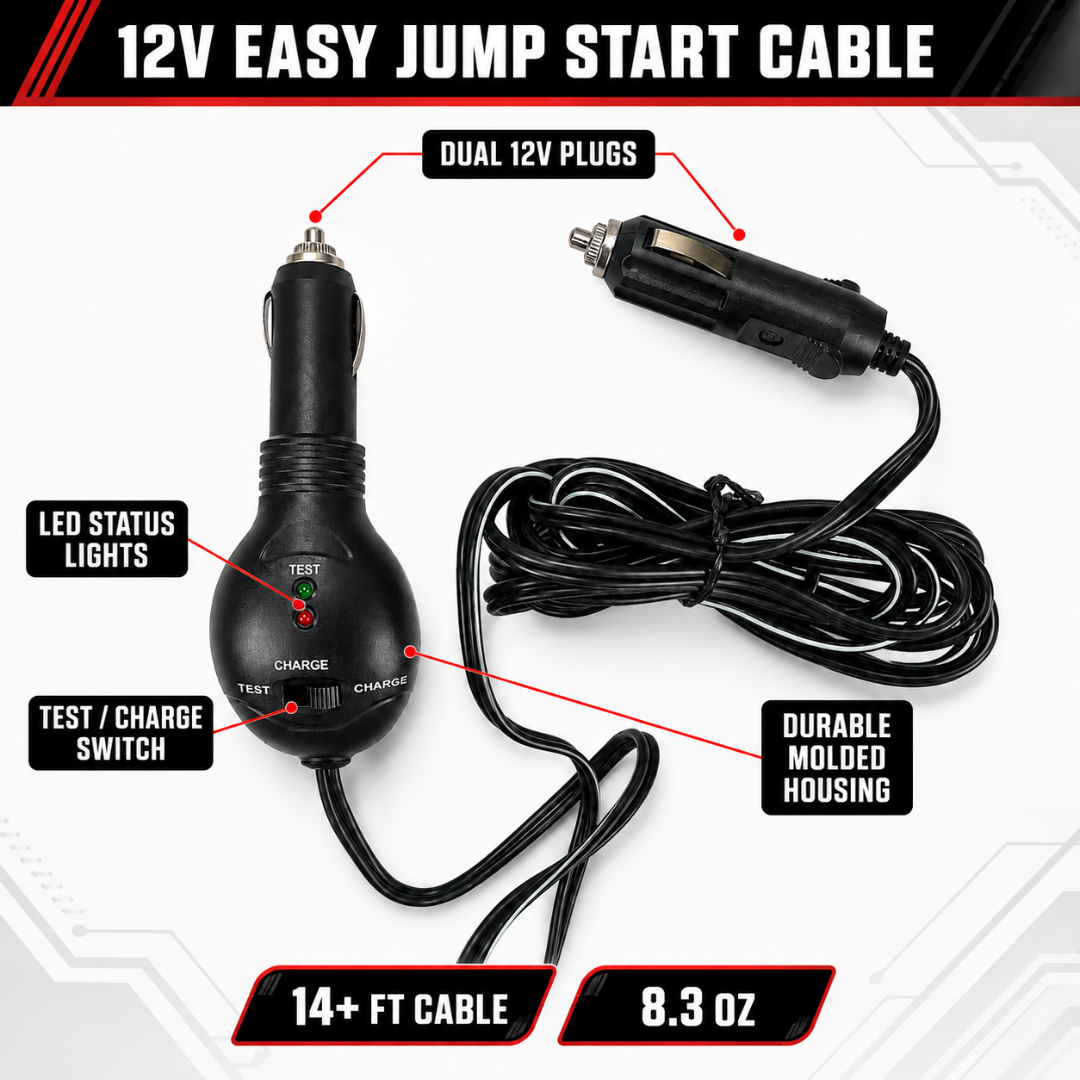 12V Accessory Outlet-to-Outlet Emergency Battery Charging Cable, 14+ Ft Cord with LED Status Lights and Test/Charge Switch, Compact 8.3 Oz – TA-05215