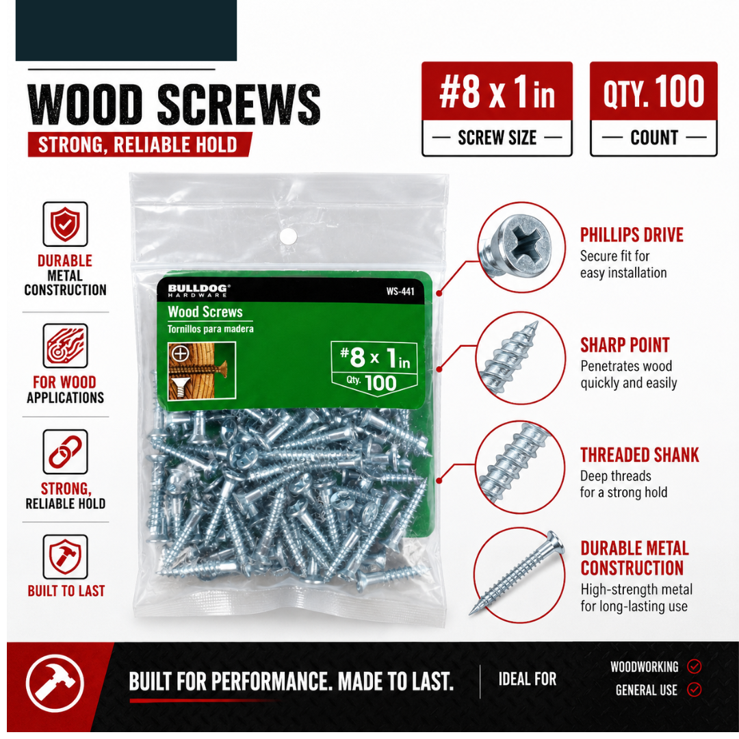 Wood Screws #8 x 1 Inch, Phillips Drive, Silver Metal Screws for Wood Projects, General Repairs, DIY, Carpentry & Home Improvement, 100 Pack