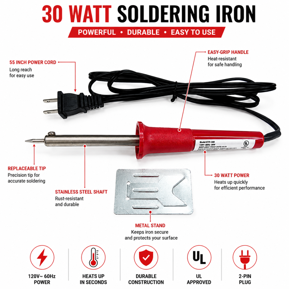8.25 Inch 30W Soldering Iron with Metal Stand, UL Approved Electric Solder Tool for Electronics, Jewelry Repair, Crafts and Small Metal Work