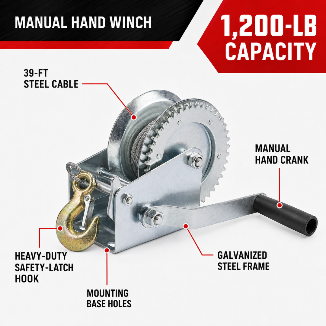 1200 lb Hand Winch with 39 ft Steel Cable and Heavy-Duty Hook – Manual Crank Pulling Winch for Trailers, Boats, Motorcycles and General Utility Use – TZ-08012
