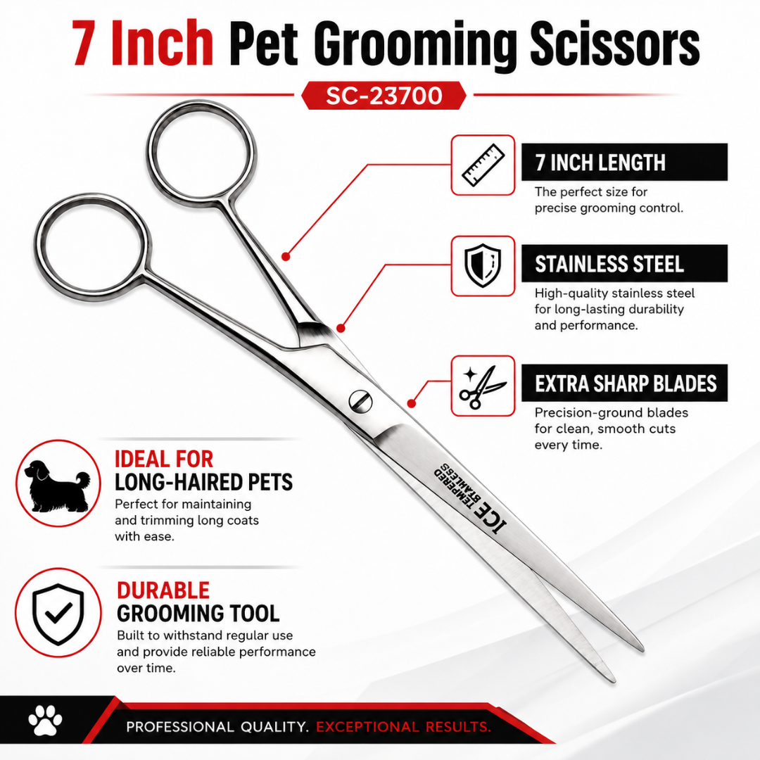7 Inch Pet Grooming Scissors, Stainless Steel Sharp Dog & Cat Hair Trimming Shears for Long Hair, Matted Fur, Home Pet Grooming