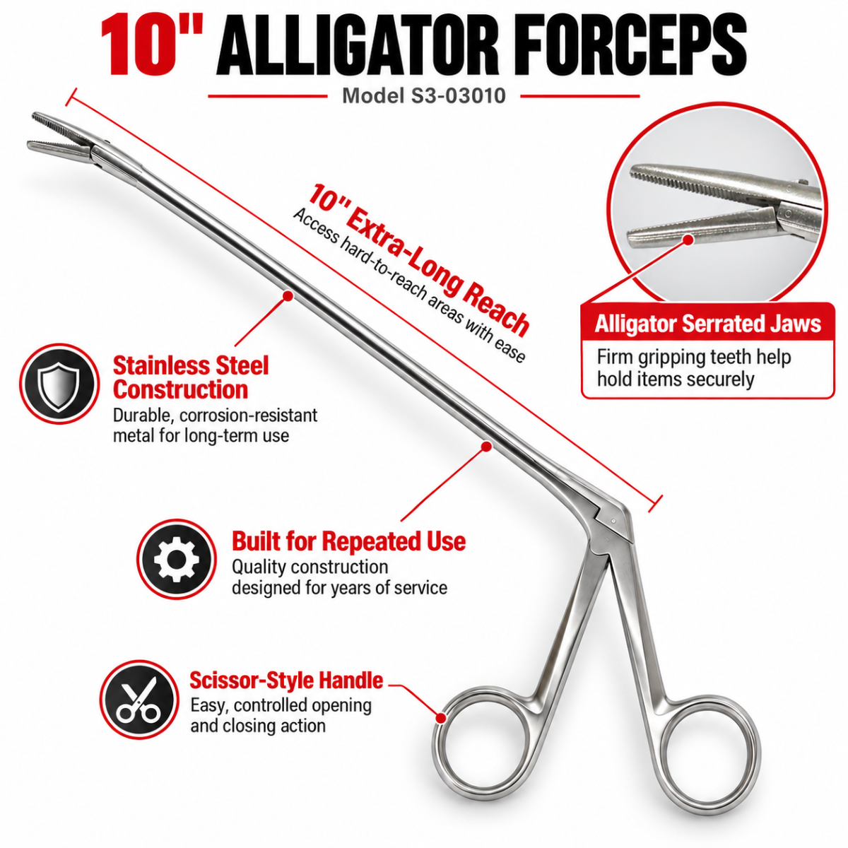 10-Inch Stainless Steel Alligator Forceps with Serrated Jaws, Extra-Long Reach & Scissor Handle - S3-03010
