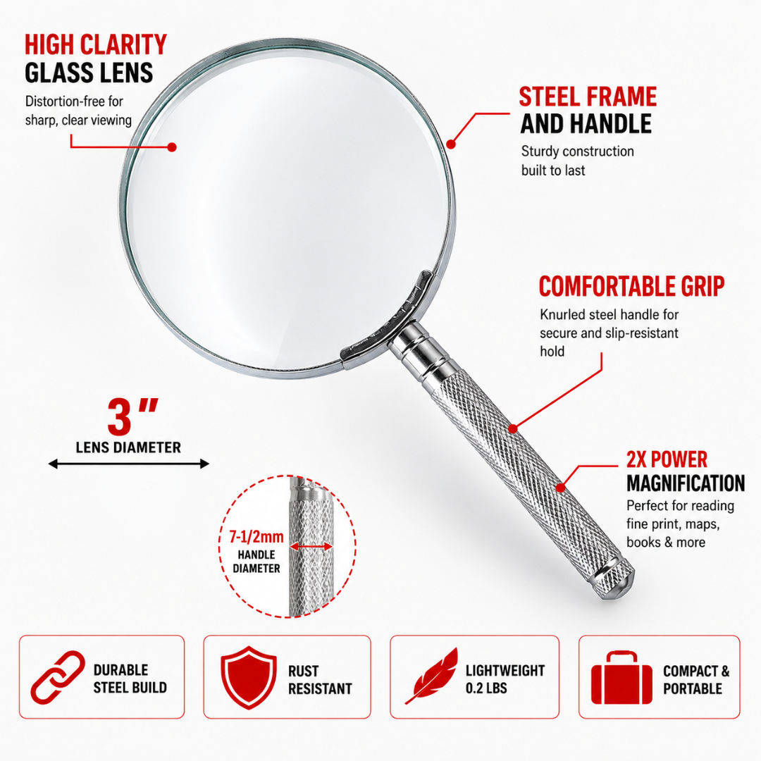 2X Power Handheld Magnifying Glass with 3-Inch Glass Lens, Steel Rim & Handle, Lightweight Reading Magnifier for Books, Maps, Receipts, Travel and Everyday Use