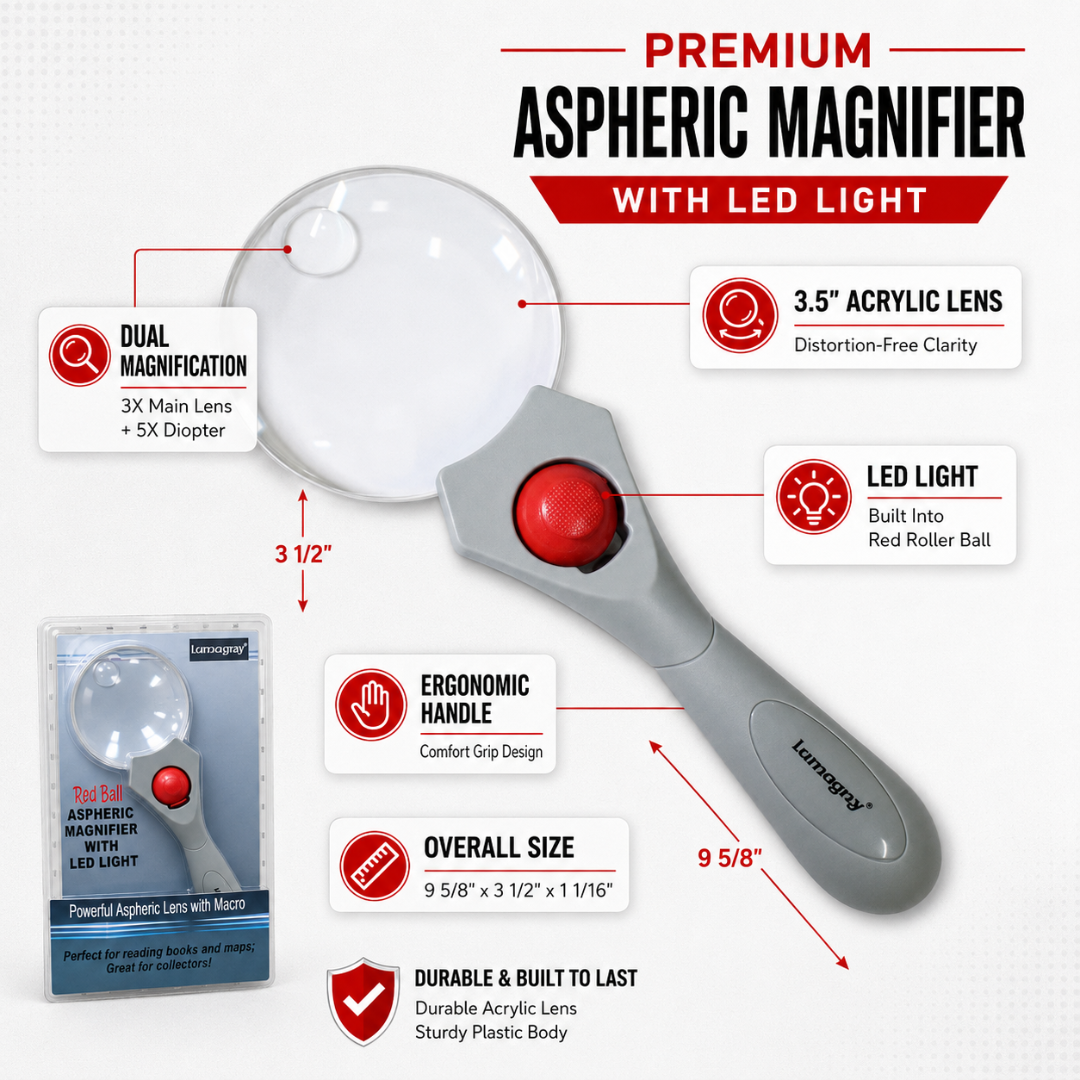 3X/5X 3.5 Inch Rimless LED Magnifier with Roller Ball Light Switch – Handheld Acrylic Magnifying Glass with Gray Handle, MP-13938