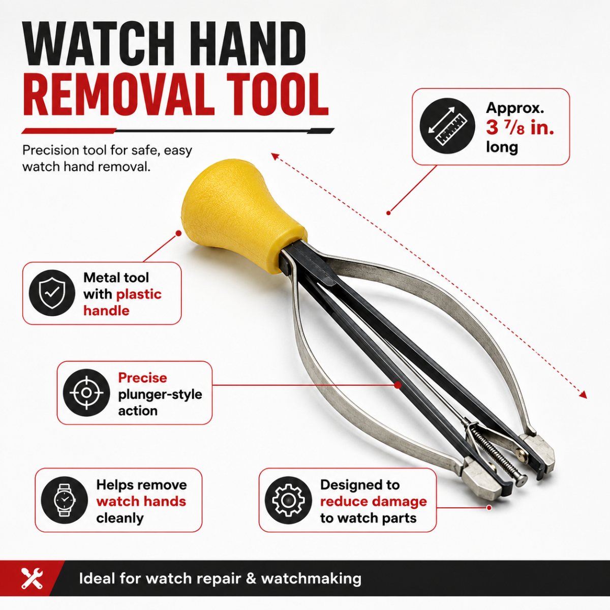 Watch Hand Removal Tool, 3-7/8 Inch Plunger-Style Watch Repair Hand Lifter with Ergonomic Non-Slip Plastic Handle for Watchmakers, Jewelry Repair and Watch Servicing