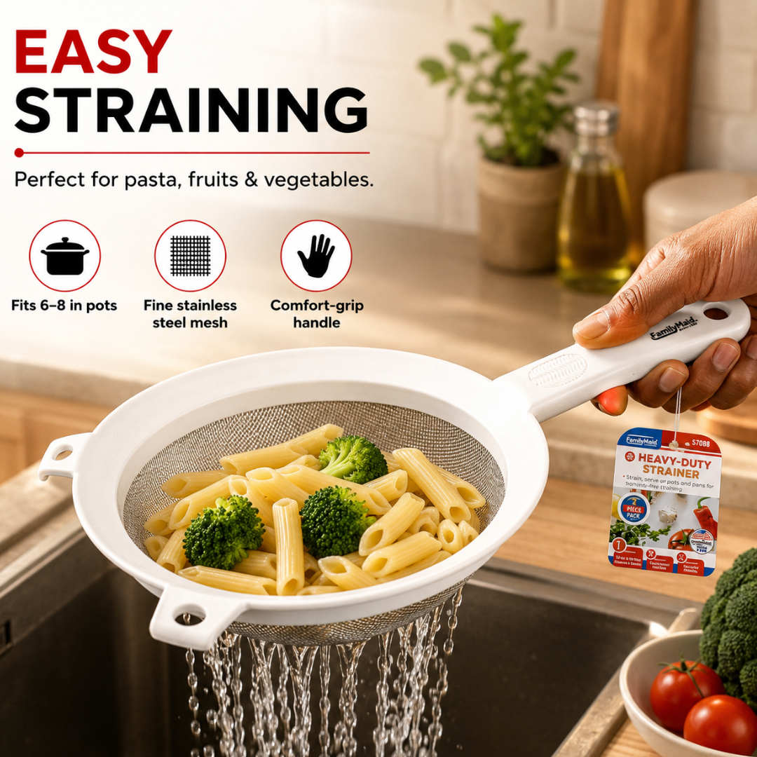 Heavy Duty Kitchen Strainer, Fine Stainless Steel Mesh Sieve with Comfort-Grip Handle and Pot Rest Tabs, Fits 6–8 Inch Pots, for Pasta, Fruits and Vegetables, White, 1 Pack