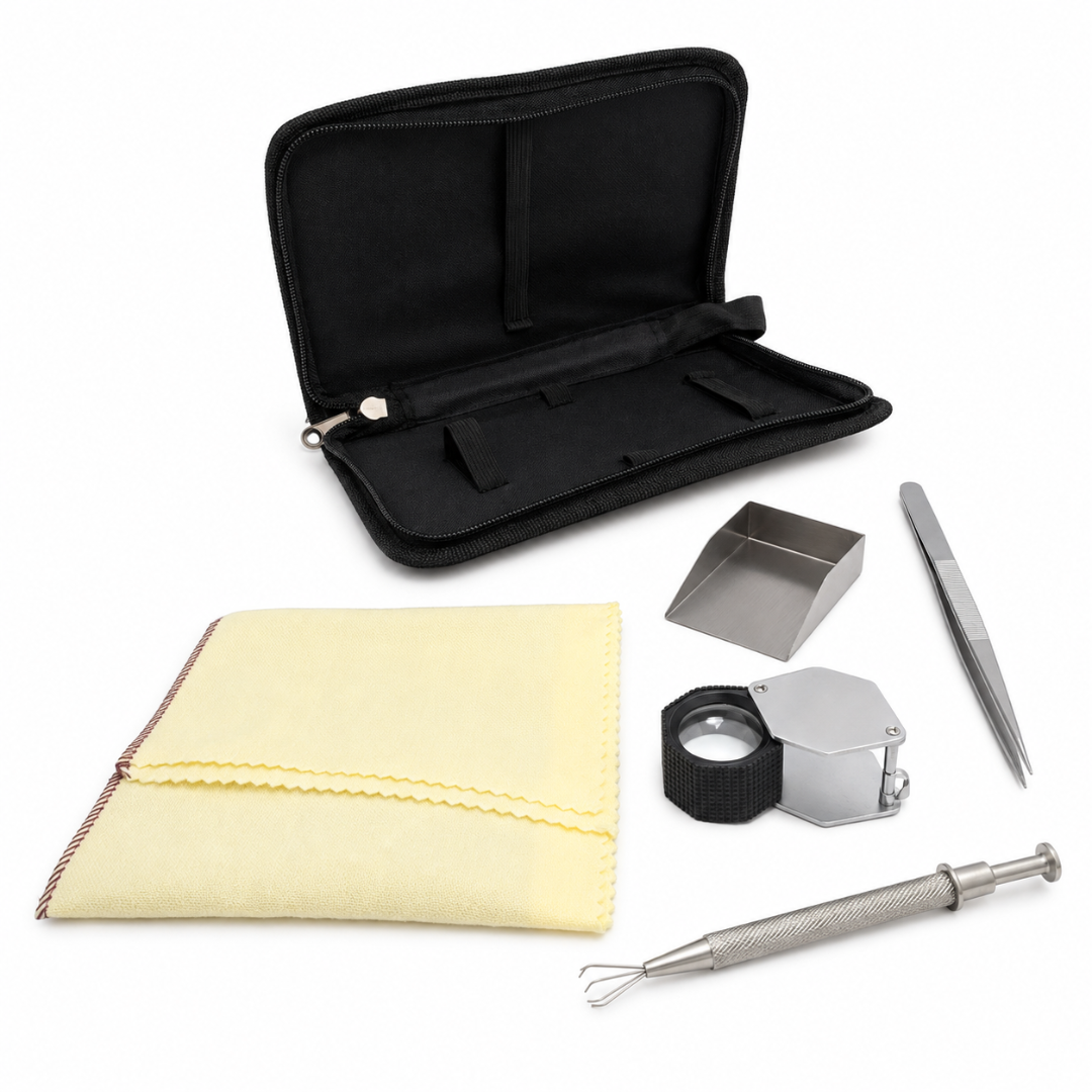 5-Piece Jeweler’s Gemstone Inspection Tool Kit with 10X Loupe, Tweezers, 4-Prong Pickup Tool, Gem Shovel, Polishing Cloth and Zippered Case – TJ100-5