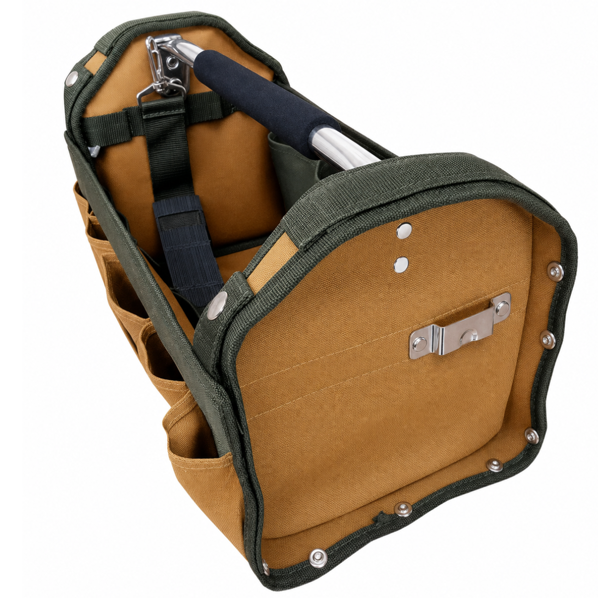16-Inch Rigid-Side Nylon Tool Bag with Metal Handle, 14 Pockets, 13 Tool Straps, Tape Measure Holder and Shoulder Strap, Tan/Green