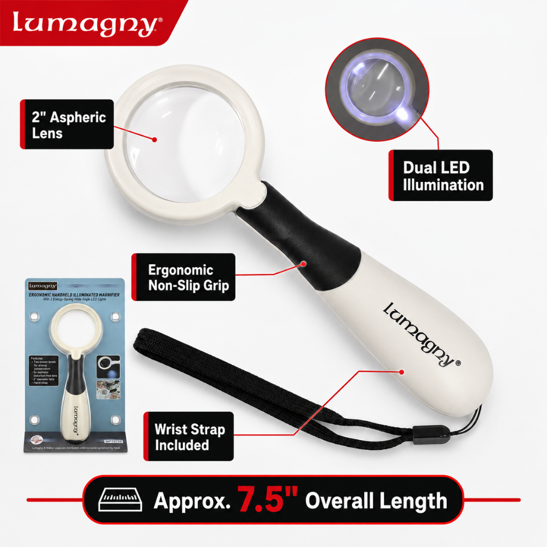3x/5x LED Handheld Magnifier, 2 Inch Aspheric Distortion-Free Lens with Dual LED Lighting, Comfort Grip Handle & Wrist Strap, Portable Reading Magnifying Glass for Books, Maps, Crafts – MG-75720