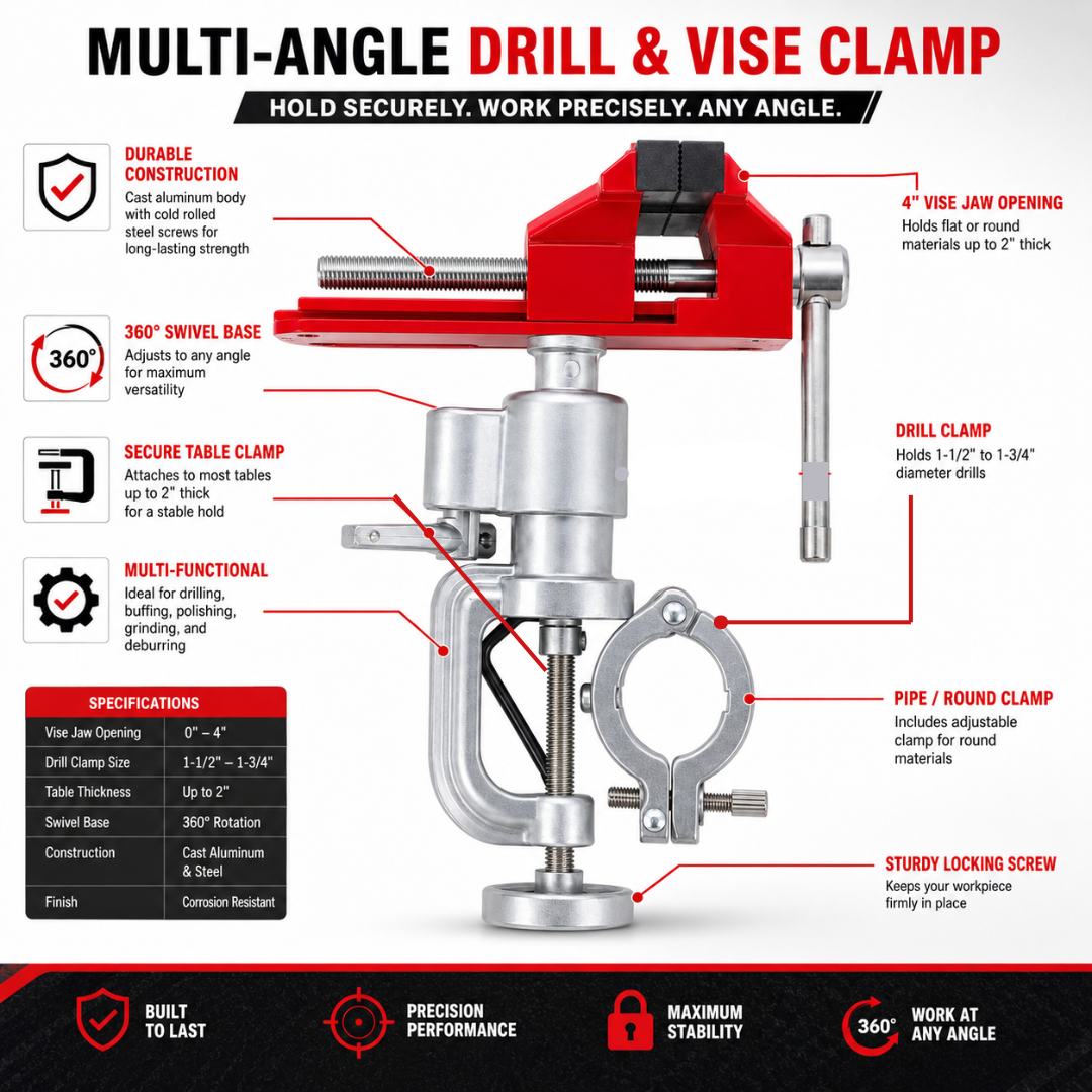Multi-Angle Drill & Vise Clamp – 360° Rotating Swivel Bench Vise with Drill Holder, 4" Jaw Opening, Heavy-Duty Cast Aluminum Table Clamp for Drilling, Grinding, Polishing & Workshop Use