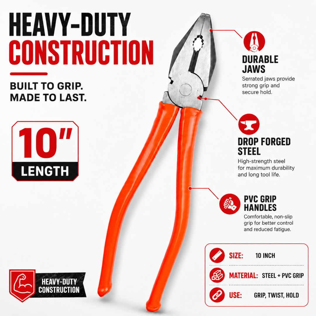 10 Inch Lineman Pliers with PVC Grip Handles – Heavy Duty Drop Forged Steel Combination Pliers for Gripping, Twisting, Bending & General Repair