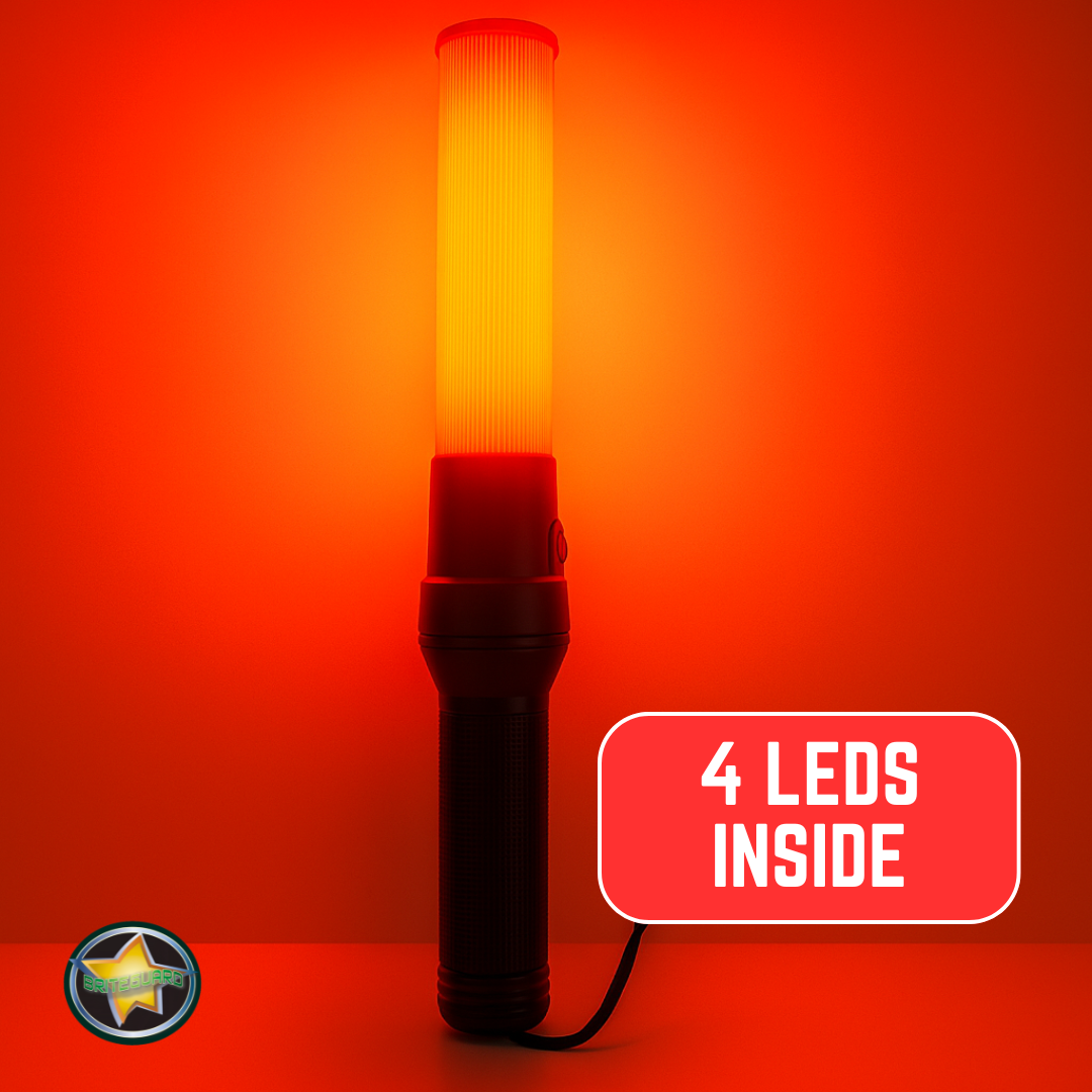 High Visibility Safety Traffic Baton – 14" Orange LED Wand with Flashing & Steady Modes, Black Handle, Carry Strap – For Road Work, Parking Lots & Traffic Contro