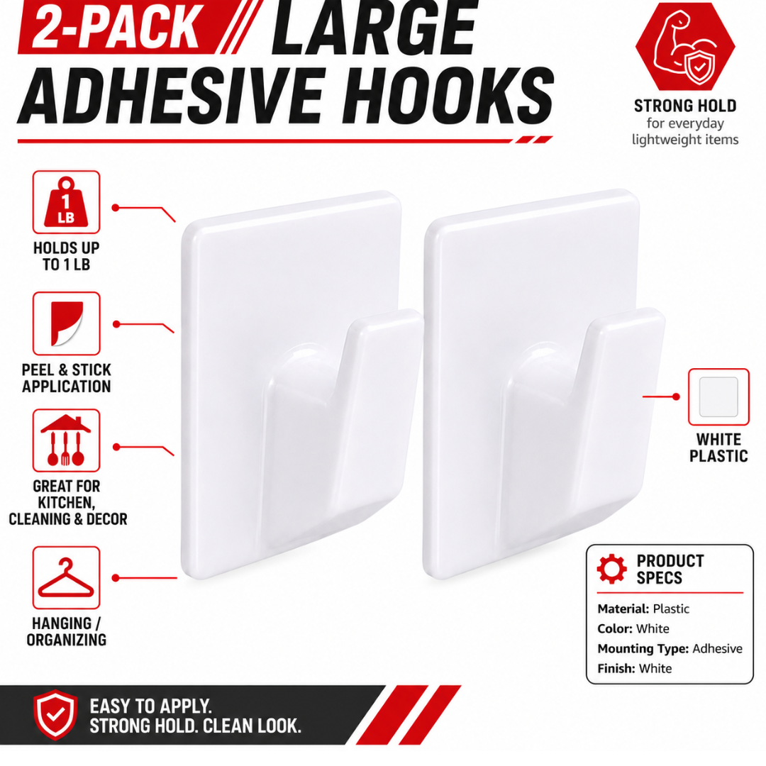 2 Pack Large White Adhesive Hooks (2 Pcs in 1 Pack), Peel and Stick Plastic Wall Hooks for Kitchen, Bathroom, Laundry Room, Cleaning Tools, Towels, Décor and Lightweight Hanging, Holds up to 1 lb