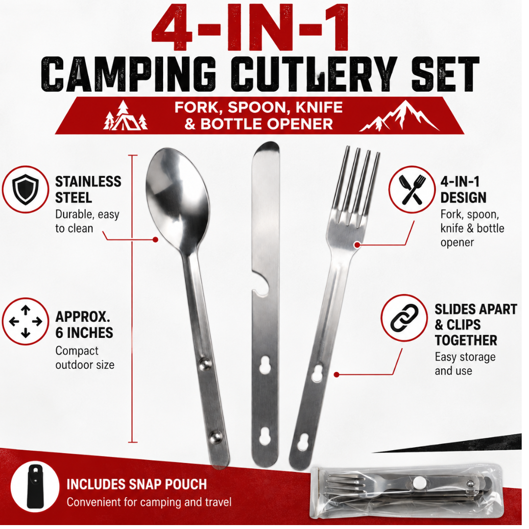3-Piece Stainless Steel Camping Cutlery Set, Fork Spoon & Knife with Bottle Opener, 6-Inch Portable Utensil Set with Vinyl Snap Pouch for Camping, Hiking & Travel - TP-18192