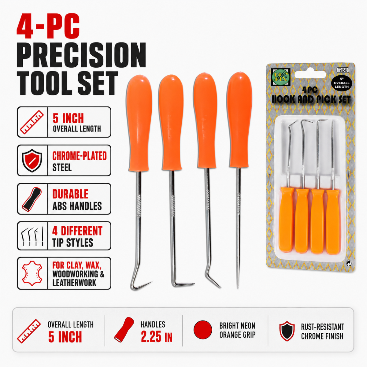 4-Piece 5-Inch Precision Pick and Hook Set, Chrome-Plated Steel Tools with Orange ABS Handles for Sculpting, Clay, Wax, Leather and Woodworking
