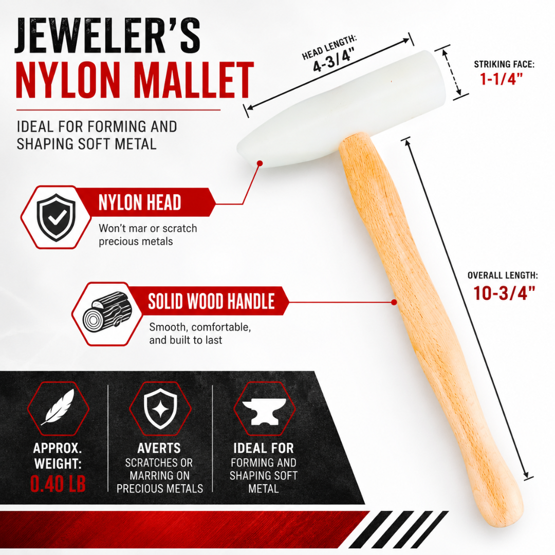 Nylon Tapping Hammer with Solid Wood Handle, 10-3/4" Jeweler’s Mallet for Forming, Shaping & Tapping Soft Metals, 1-1/4" Striking Face, Non-Marring Hammer for Jewelry Making & Metalwork
