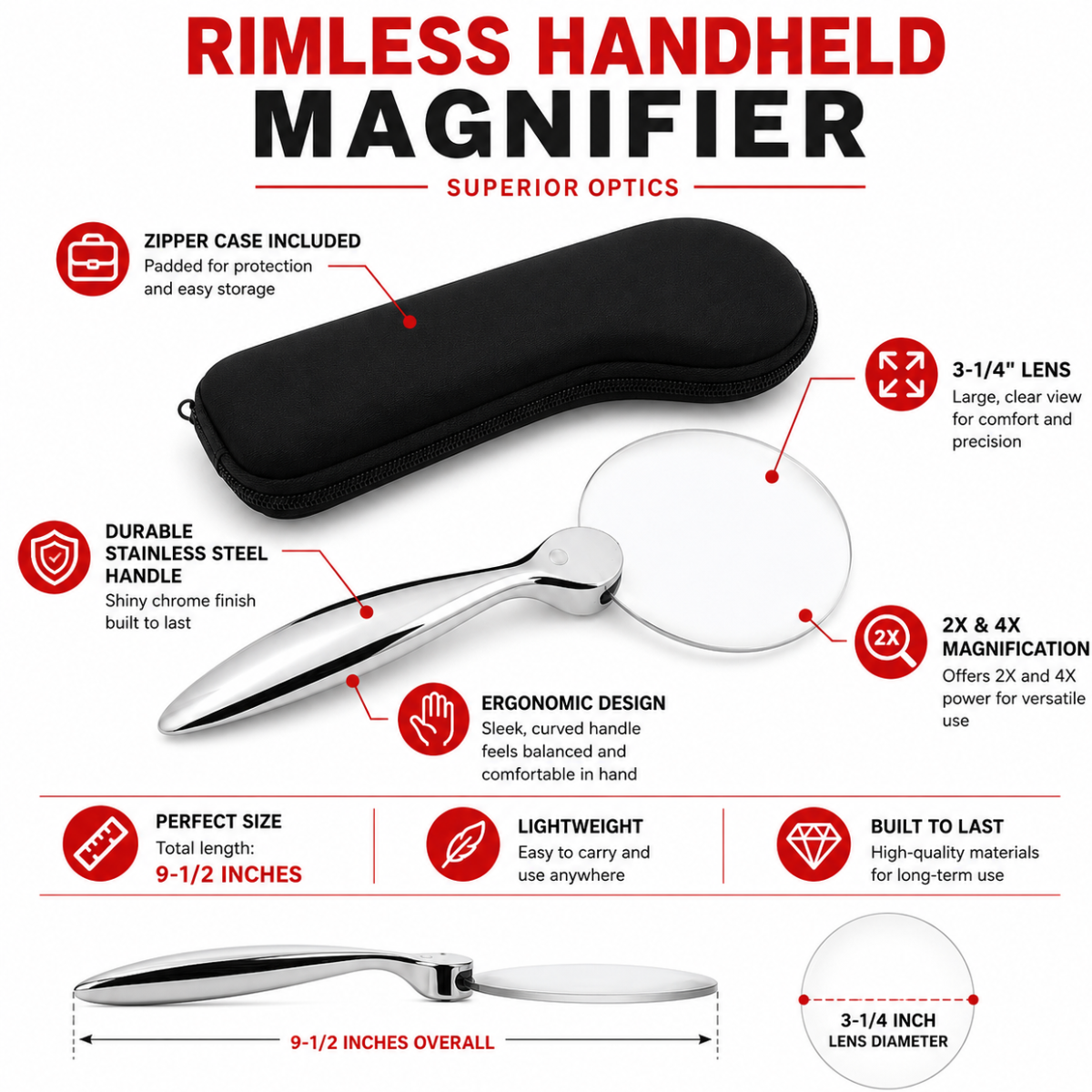 3" Rimless 2X/4X Handheld Magnifying Glass with Stainless Steel Handle & Black Zipper Storage Bag, Elegant Reading Magnifier