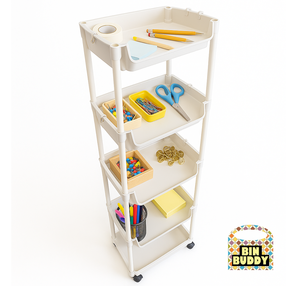 Bin Buddy 5-Tier Rolling Storage Organizer – Lightweight Plastic Utility Cart with Hooks, Mobile Wheels, and Kid Friendly Bins for Small Item Storage