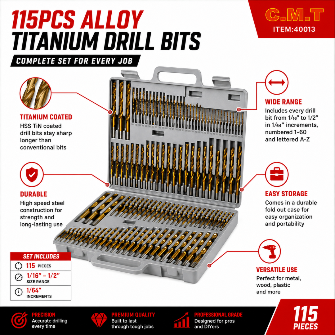 115 Piece Titanium Drill Bit Set – HSS TiN Coated Drill Bits – 1/16" to 1/2" Sizes – Fractional, Letter & Number Bits – Metal, Wood & Plastic