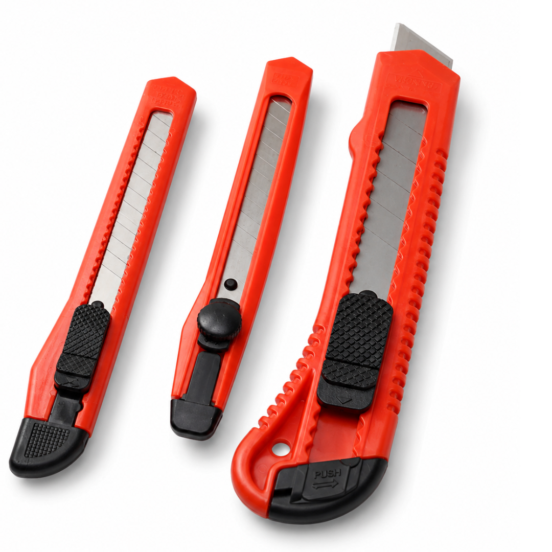 3 Piece Utility Knife Set, Snap-Off Steel Blade Box Cutters in 3 Sizes, Retractable Plastic Handle Cutters for Cardboard, Vinyl, Carpet & Paper – CR-49000