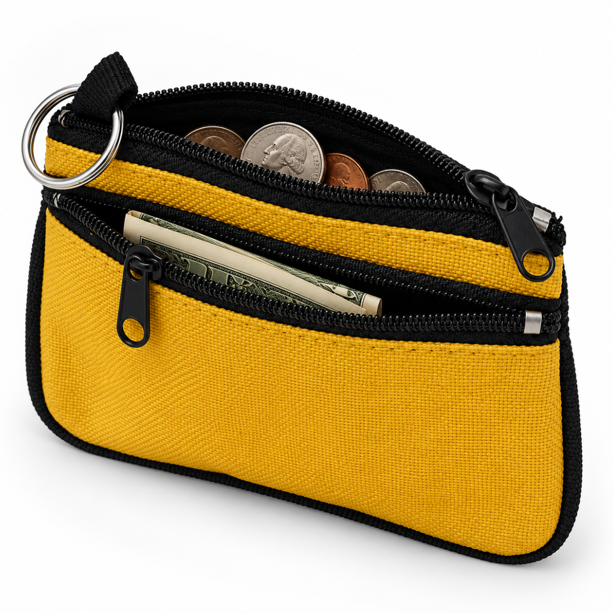 Yellow & Black Double-Zipper Coin Purse with Key Ring, Nylon Mini Organizer Pouch, 4-1/2 x 3-1/2 Inches – GB-11868YW