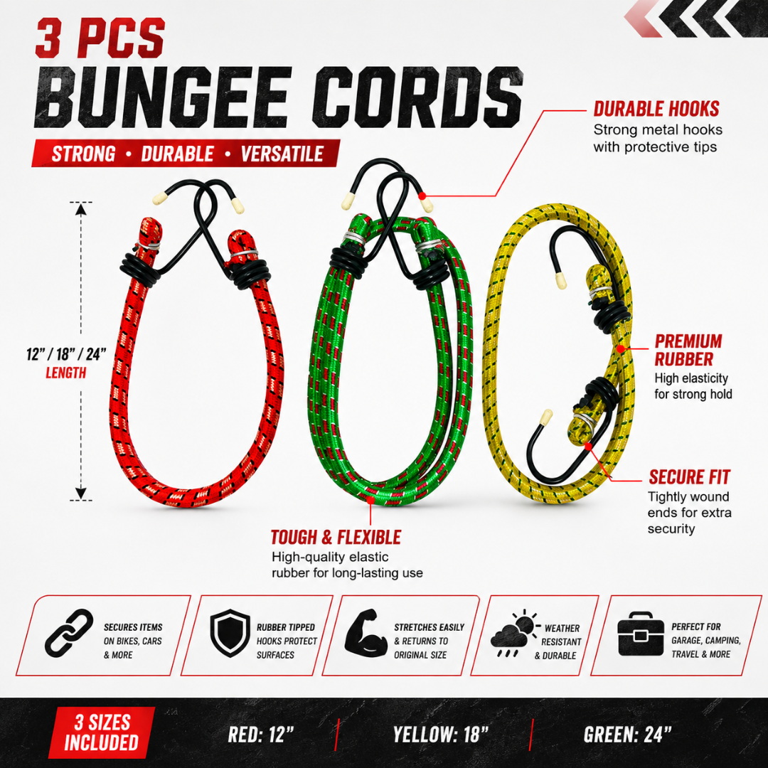 3 Piece Bungee Cord Set with Rubberized Hooks – 12", 18" & 24" Color-Coded Stretch Cords for Cargo, Bikes, Camping, Moving & Garage Storage – TA-08503