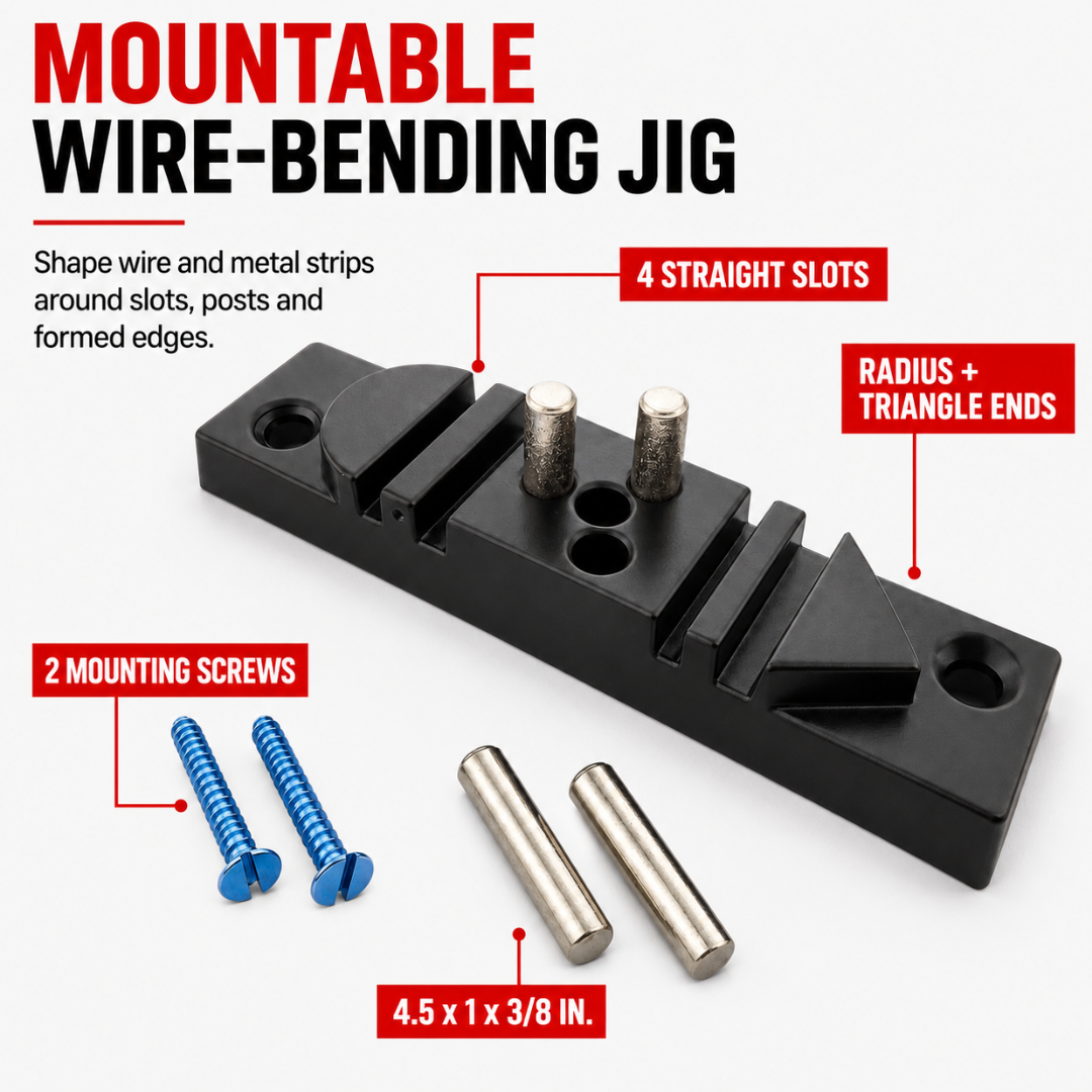 Aluminum Wire-Bending Jig for Workbench or Bench Vise – Mountable Forming Tool with Four Slots, Radius End, Triangular End and Metal Posts – Screws Included – TJ-28698