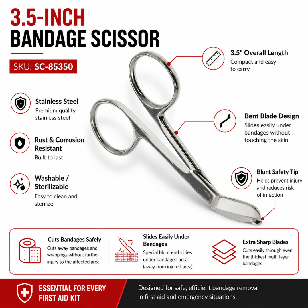 3.5-Inch Stainless Steel Bandage Scissors, Blunt Tip First Aid Scissor, Bent Blade Medical Shears for Gauze, Bandages, Wraps & Emergency Kits – SC-85350