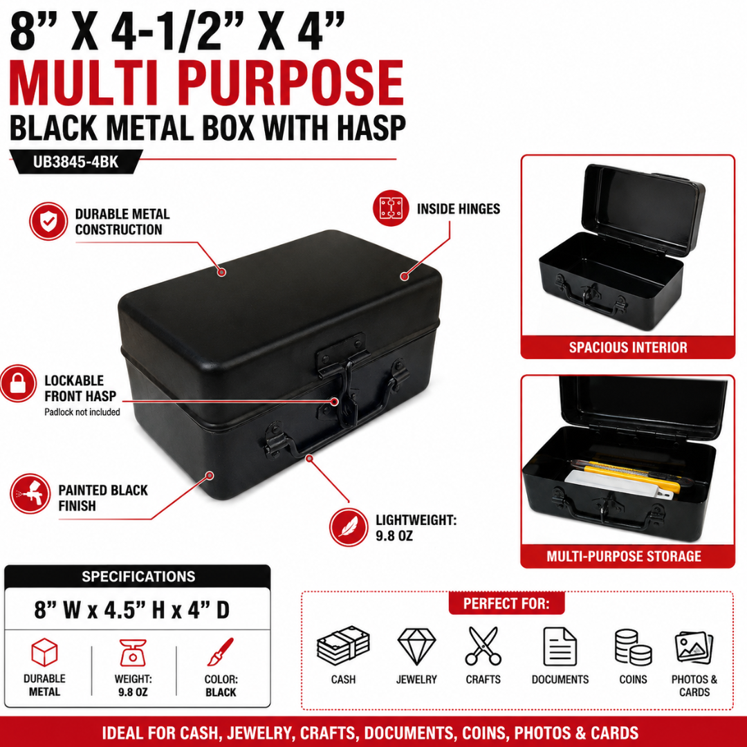 Multipurpose Black Metal Storage Box with Lockable Hasp – Cash, Jewelry, Coins, Cards & Small Item Organizer