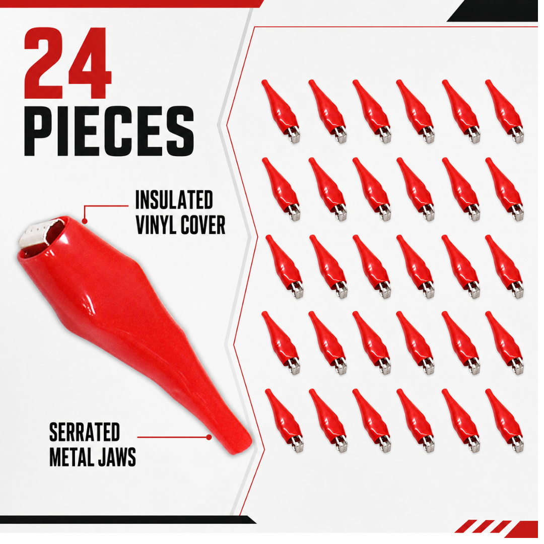 #4 Insulated Alligator Clips, 2 Inch Electrical Test Clips with Red PVC Covers, Serrated Jaws for Secure Grip, 24-Piece Pack – TE-04010