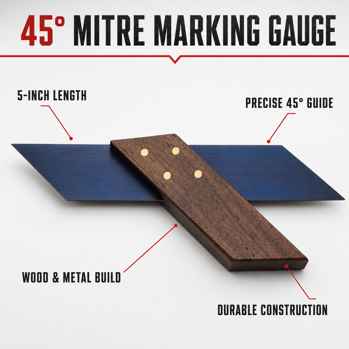 45-Degree Miter Joint Marking Gauge, 5-Inch Wood and Metal Carpenter Square for Precise Woodworking Layout and Joinery
