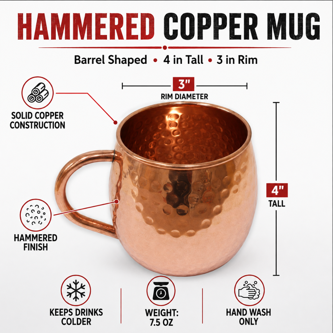 4 Inch Hammered Copper Moscow Mule Mug, Barrel Shaped Drink Cup with 3 Inch Rim Diameter, 7.5 oz Copper Mug for Cocktails, Bars, Restaurants, Parties & Home Use